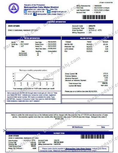 Philippines Metropolitan Cebu Water District utility bill template in Word and PDF formats, version 2